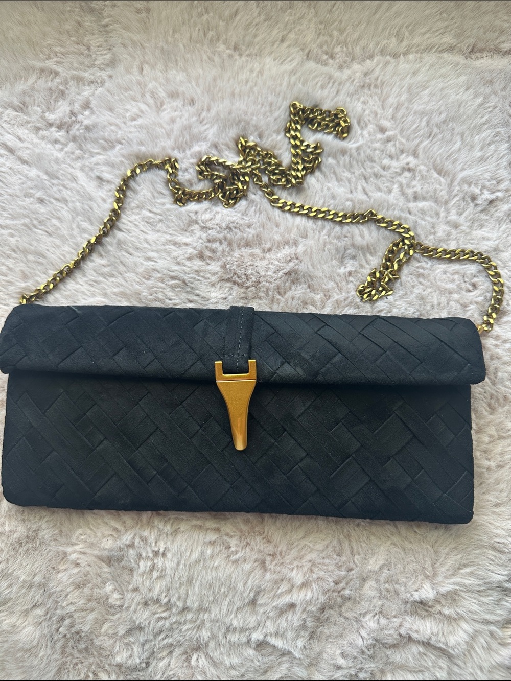 JW PEI Black Woven Clutch with Gold Chain